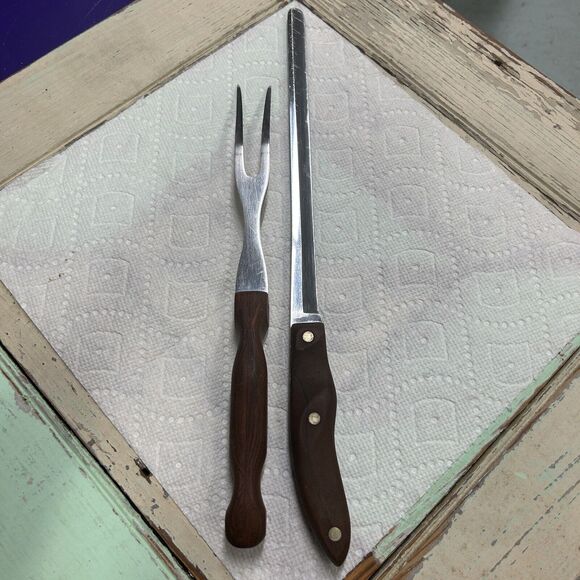Cutco Vintage Carving Knife & Fork Wooden Brown Handle - Picture 1 of 10